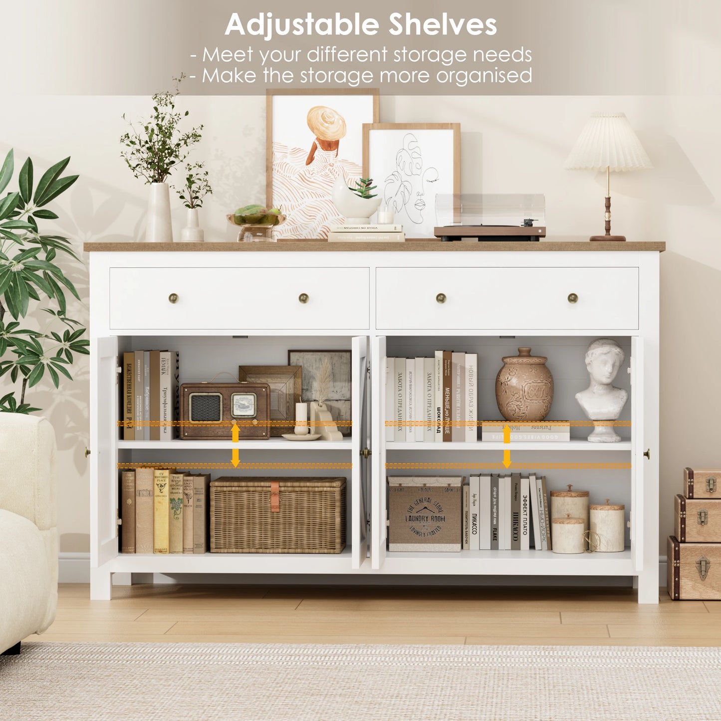 White Sideboard Storage Cabinet 140Cm Large Kitchen Cabinet for Living Room Dining Room