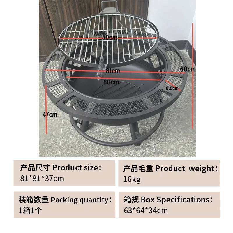 Charcoal Grill & Patio Heater 2-In-1,Area for 8-10 People, Heavy Duty Black Steel Fire Pit with Wheels, Outdoor BBQ