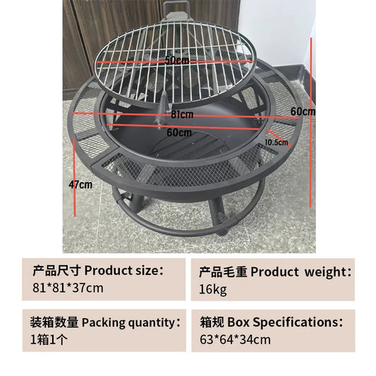 Charcoal Grill & Patio Heater 2-In-1,Area for 8-10 People, Heavy Duty Black Steel Fire Pit with Wheels, Outdoor BBQ