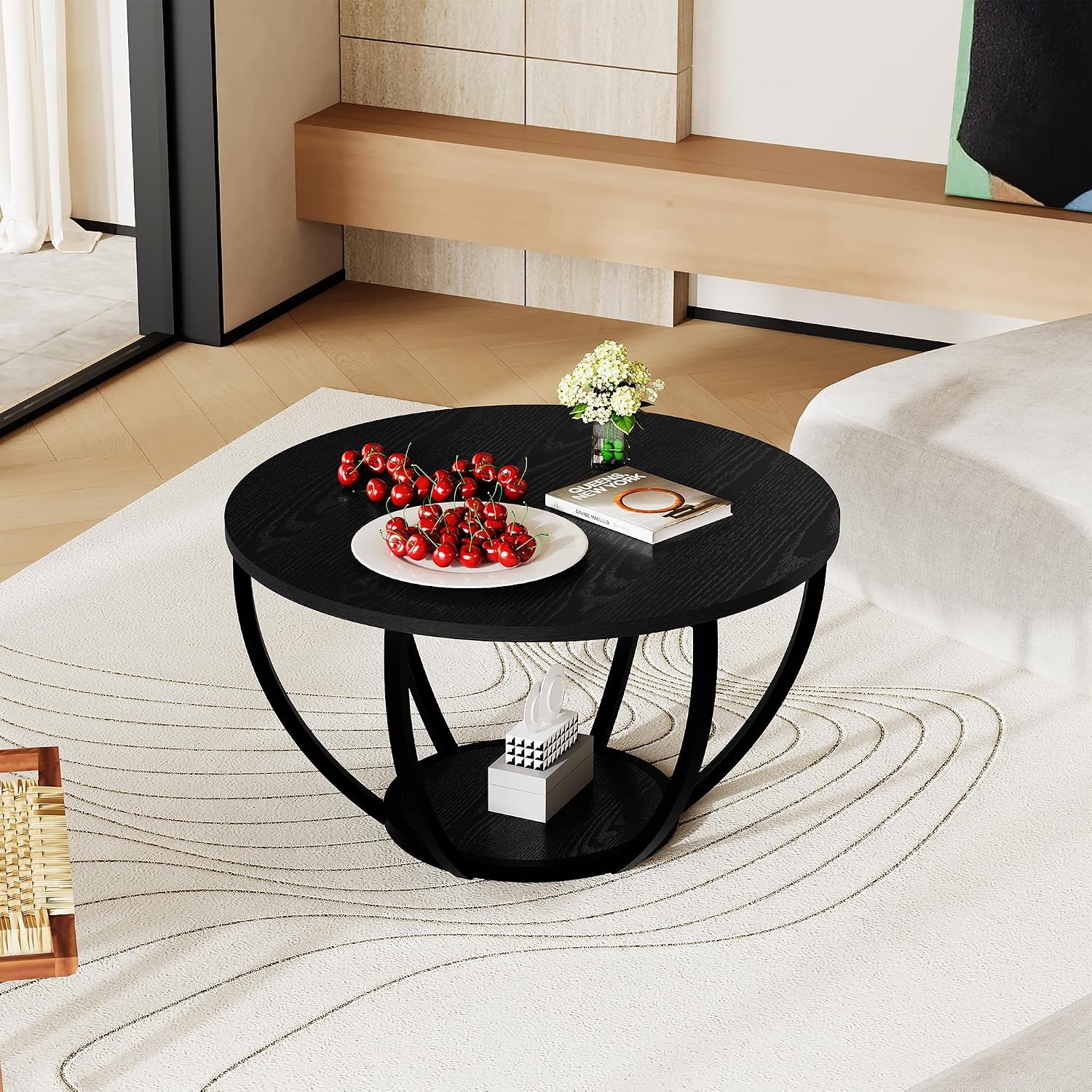 round Coffee Table,Accent Center Table for Living Room,Black | Black Coffee Table,Wooden 2-Tier Circle Coffee Tables with Storage Shelves,Sofa Table for Home Office,Easy Assembly