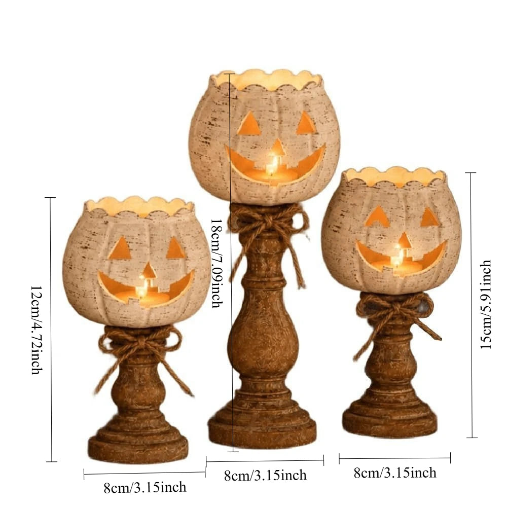 Halloween Pumpkin Candle Holder, Rustic Jack O Lantern Candlestick Tabletop Decor for Fall Harvest Party