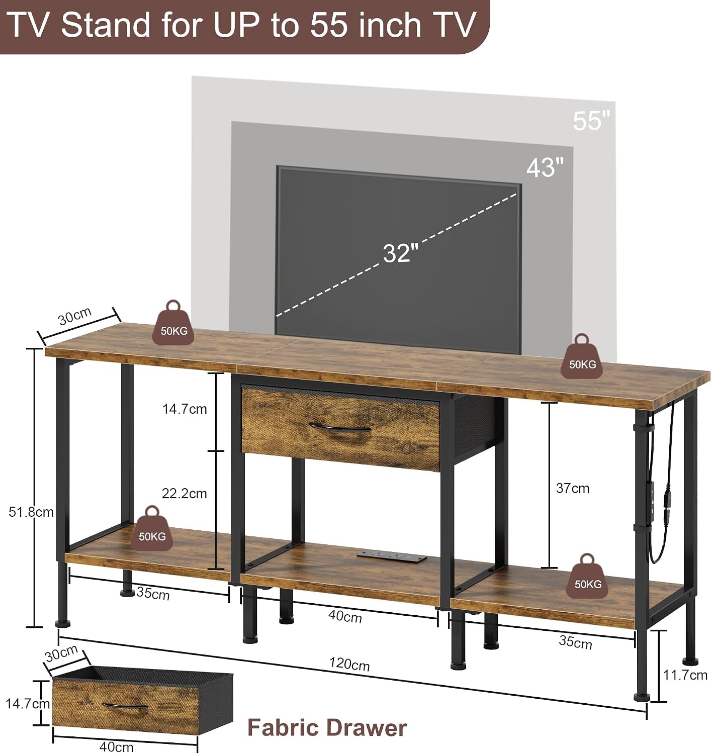 LED TV Stand Unit for 55 50 Inch TV with Socket and USB Slots, TV Cabinet with Fabric Drawer and Open Shelves, 120 Cm TV Stand, Entertainment Center for Living Room Bedroom, Rustic Brown