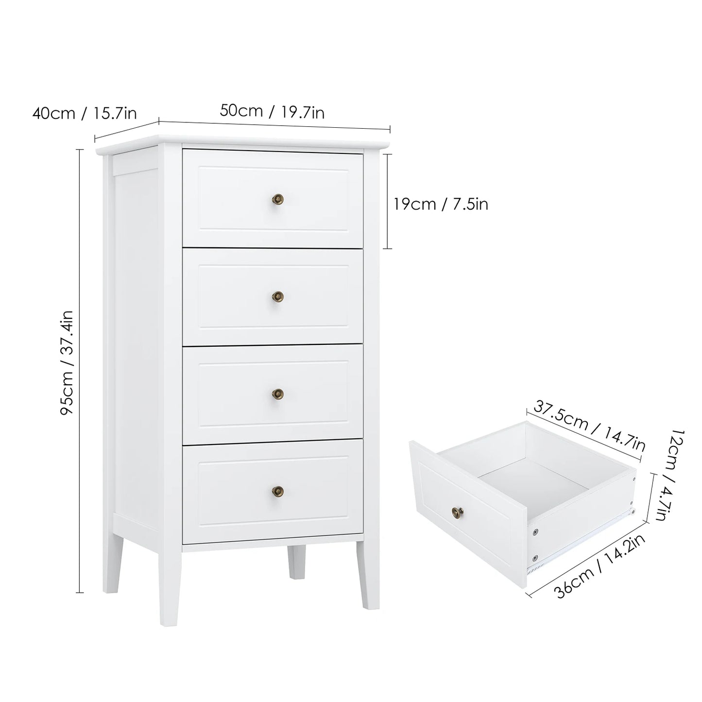 Chest of Drawers, Bedroom Chest of Drawers, White Chest of Drawers, 4 Drawers Dresser, Bedroom Furniture, Bedside Cabinet,50X40X95Cm Wooden White