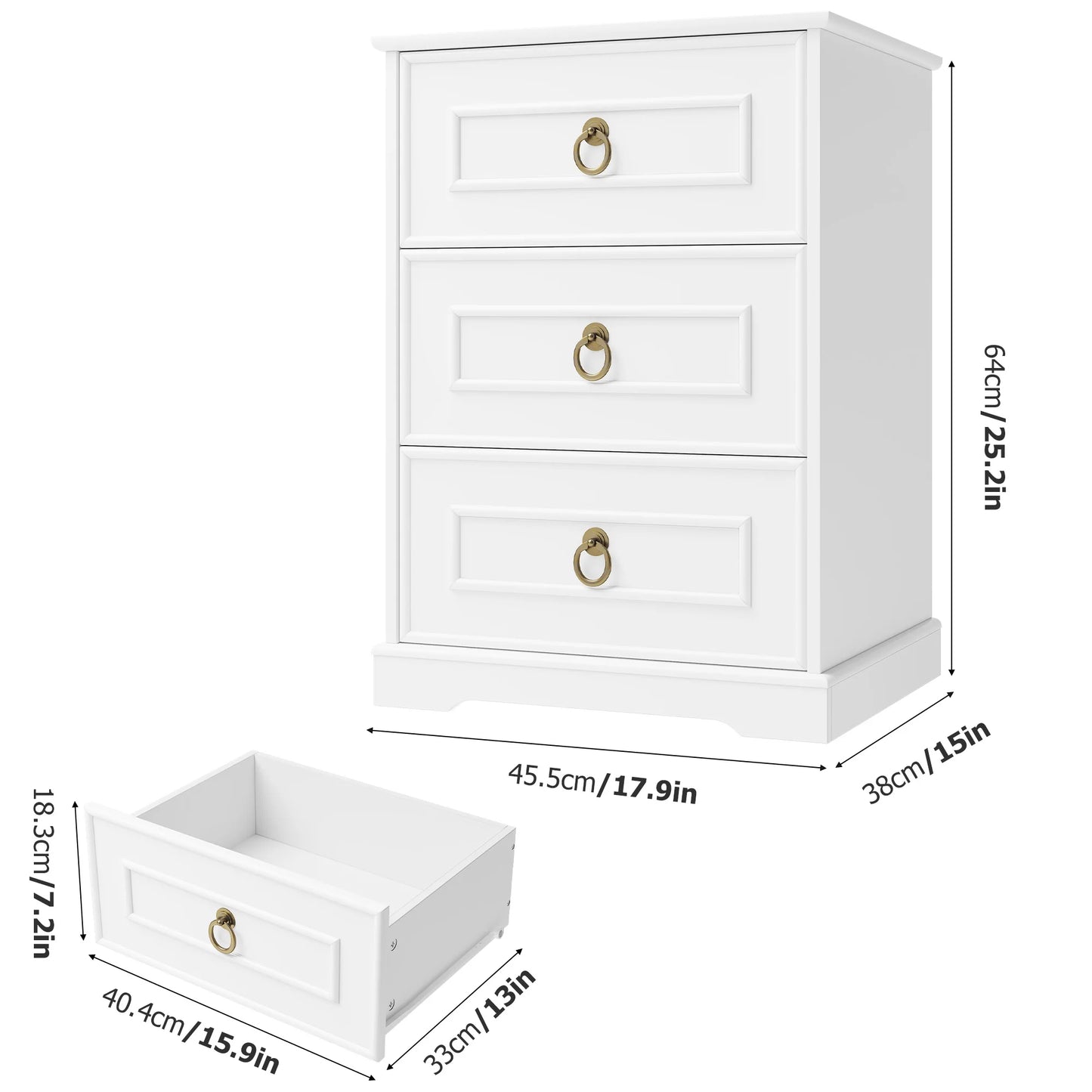 Bedside Tables with 3 Drawers, Bedroom Nightstand, Small Chest of Drawers, Side End Table 45.5X38X64 Cm