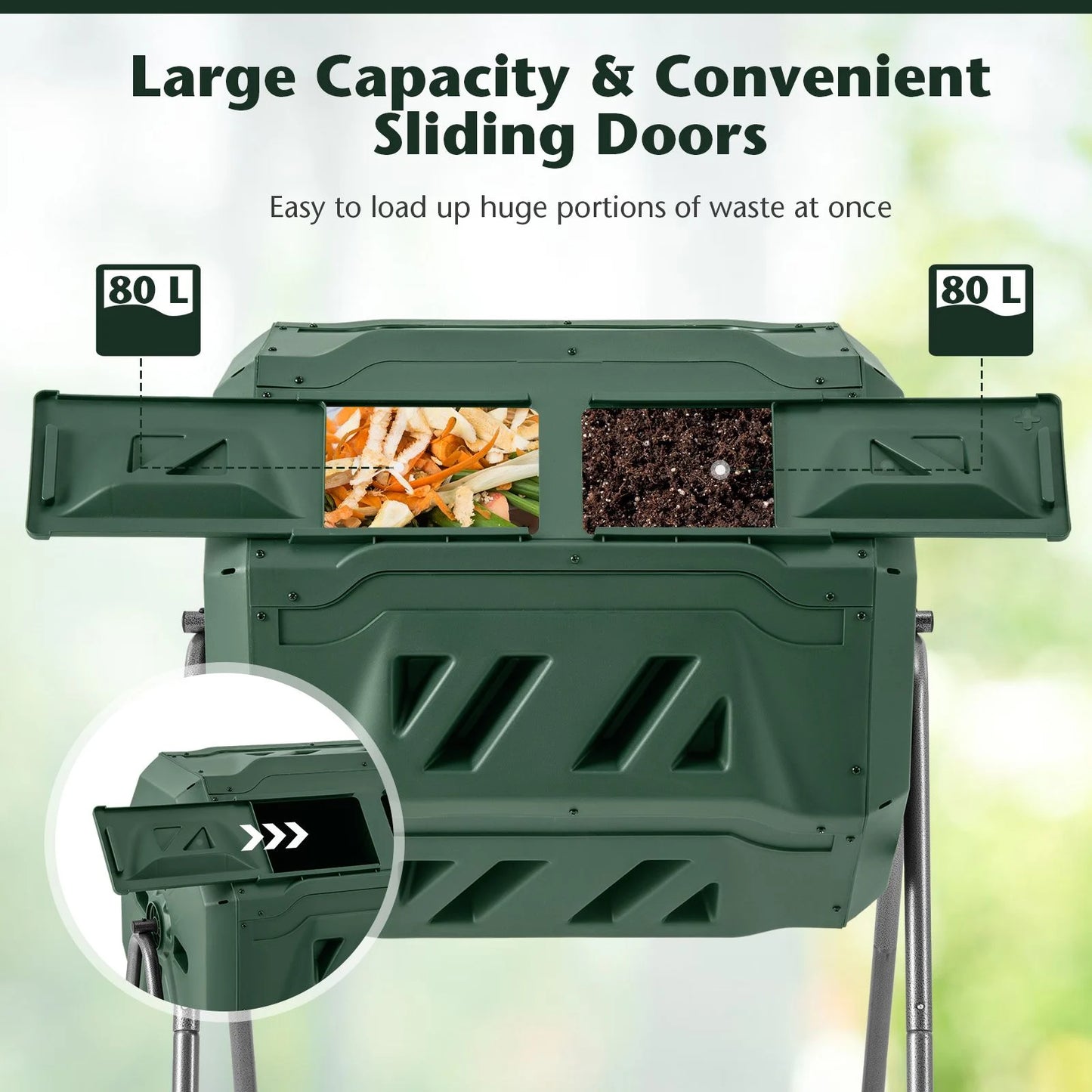 Compost Bin 160L Dual Chamber Composting Tumbler with Sliding Doors