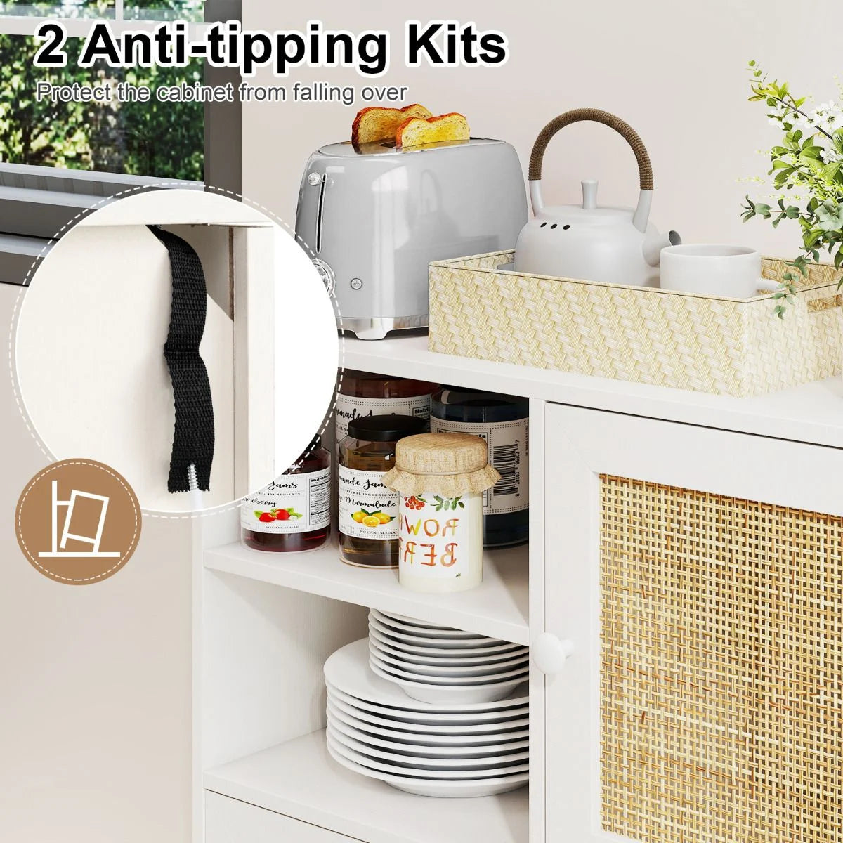 Rattan Sideboard Buffet Cabinet with 4 Cubbies and 2 Rattan-Decorated Doors