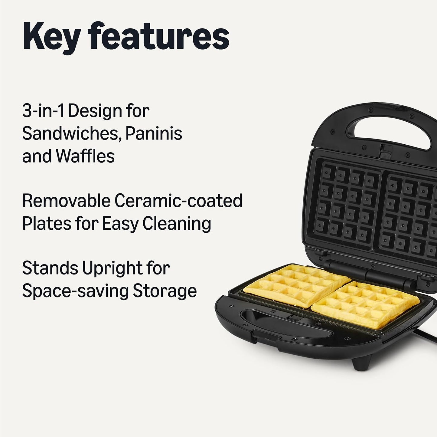 3-In-1 Toastie Maker, Panini Press and Waffle Maker with Removable Plates, 700W, Black