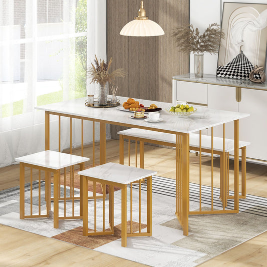 4-Piece Modern Dining Set — 150cm Marble-Effect Table, Bench & 2 Stools
