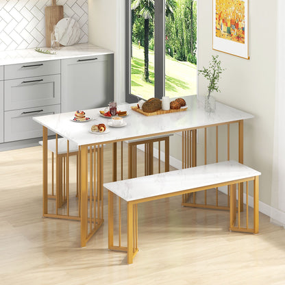 4-Piece Modern Dining Set — 150cm Marble-Effect Table, Bench & 2 Stools