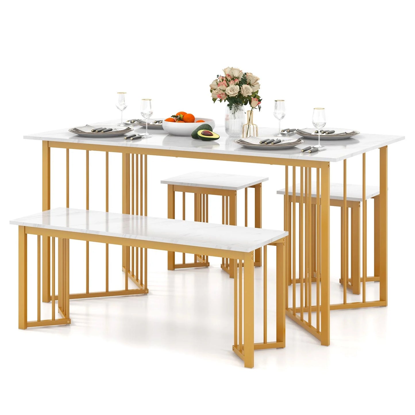 4-Piece Modern Dining Set — 150cm Marble-Effect Table, Bench & 2 Stools