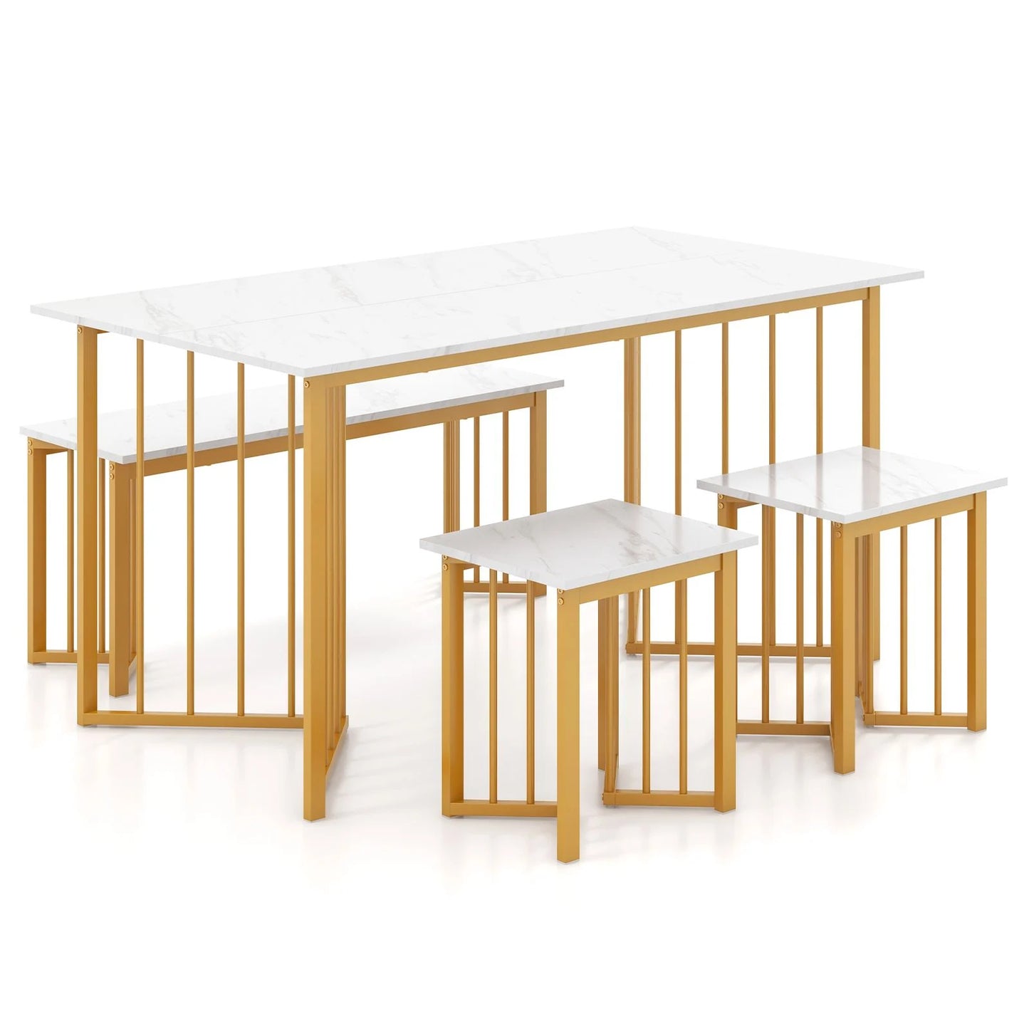 4-Piece Modern Dining Set — 150cm Marble-Effect Table, Bench & 2 Stools