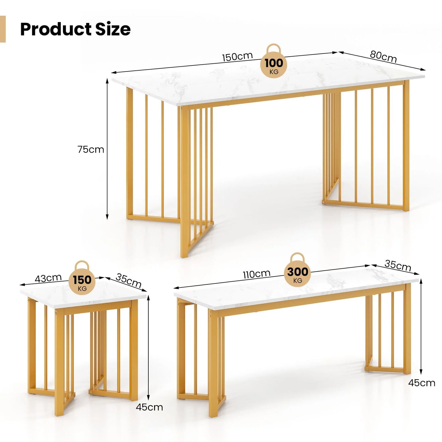 4-Piece Modern Dining Set — 150cm Marble-Effect Table, Bench & 2 Stools