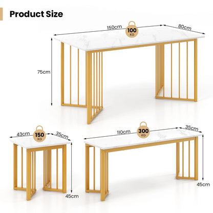 4-Piece Modern Dining Set — 150cm Marble-Effect Table, Bench & 2 Stools