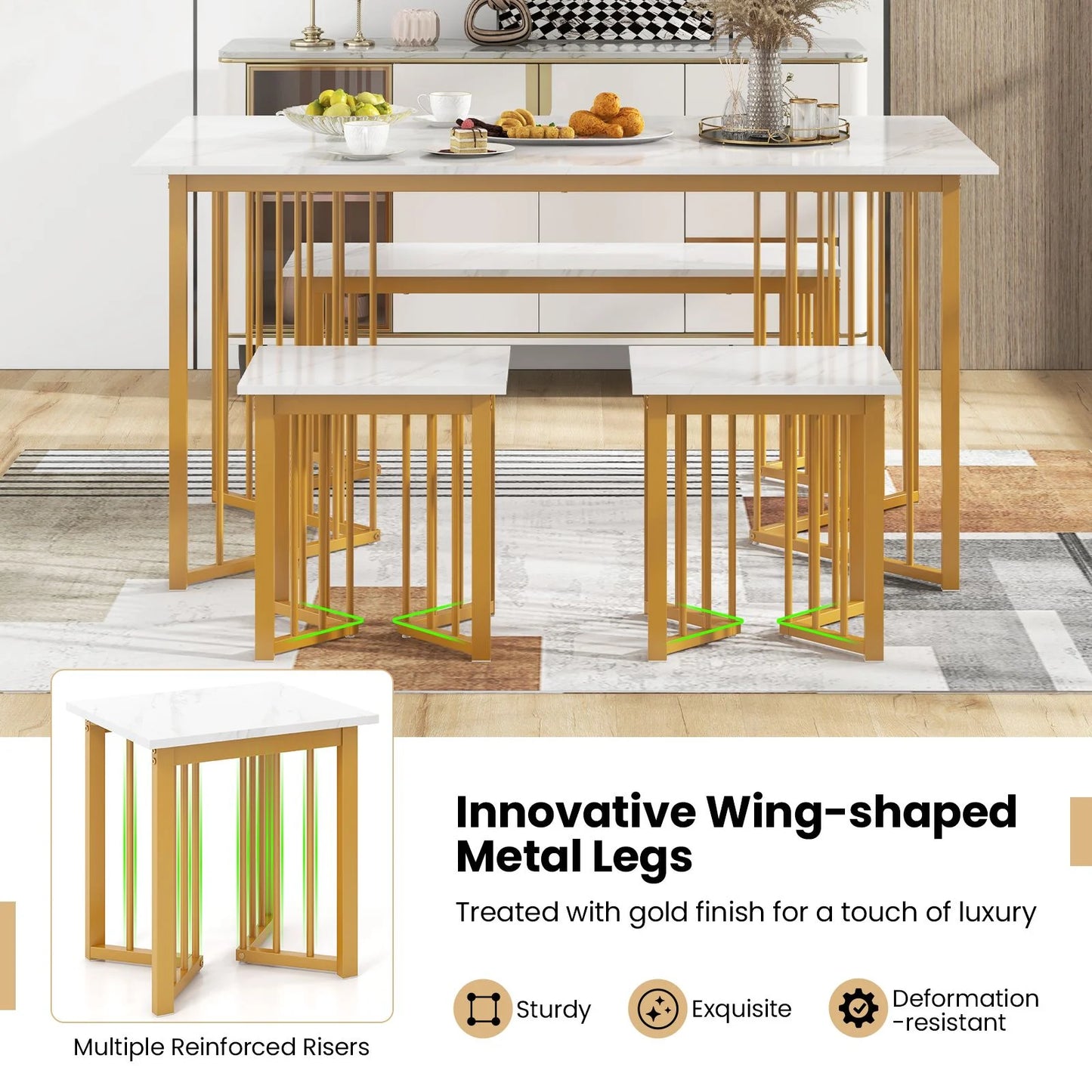 4-Piece Modern Dining Set — 150cm Marble-Effect Table, Bench & 2 Stools
