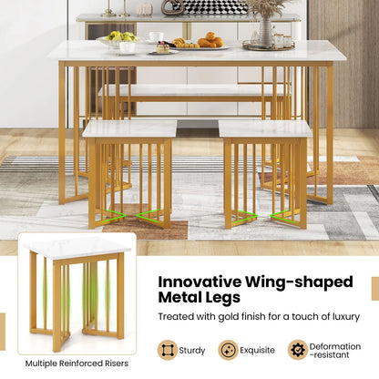 4-Piece Modern Dining Set — 150cm Marble-Effect Table, Bench & 2 Stools