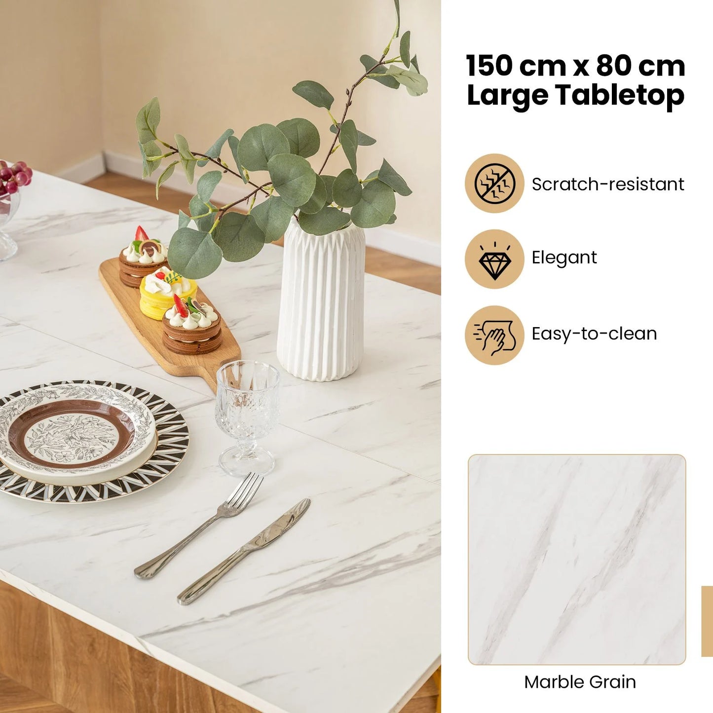 4-Piece Modern Dining Set — 150cm Marble-Effect Table, Bench & 2 Stools