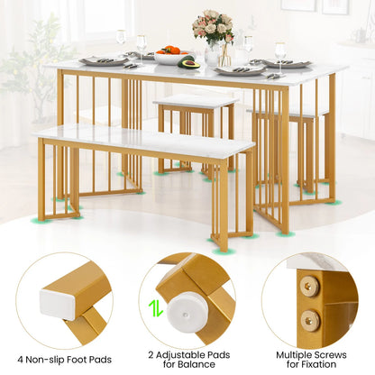 4-Piece Modern Dining Set — 150cm Marble-Effect Table, Bench & 2 Stools