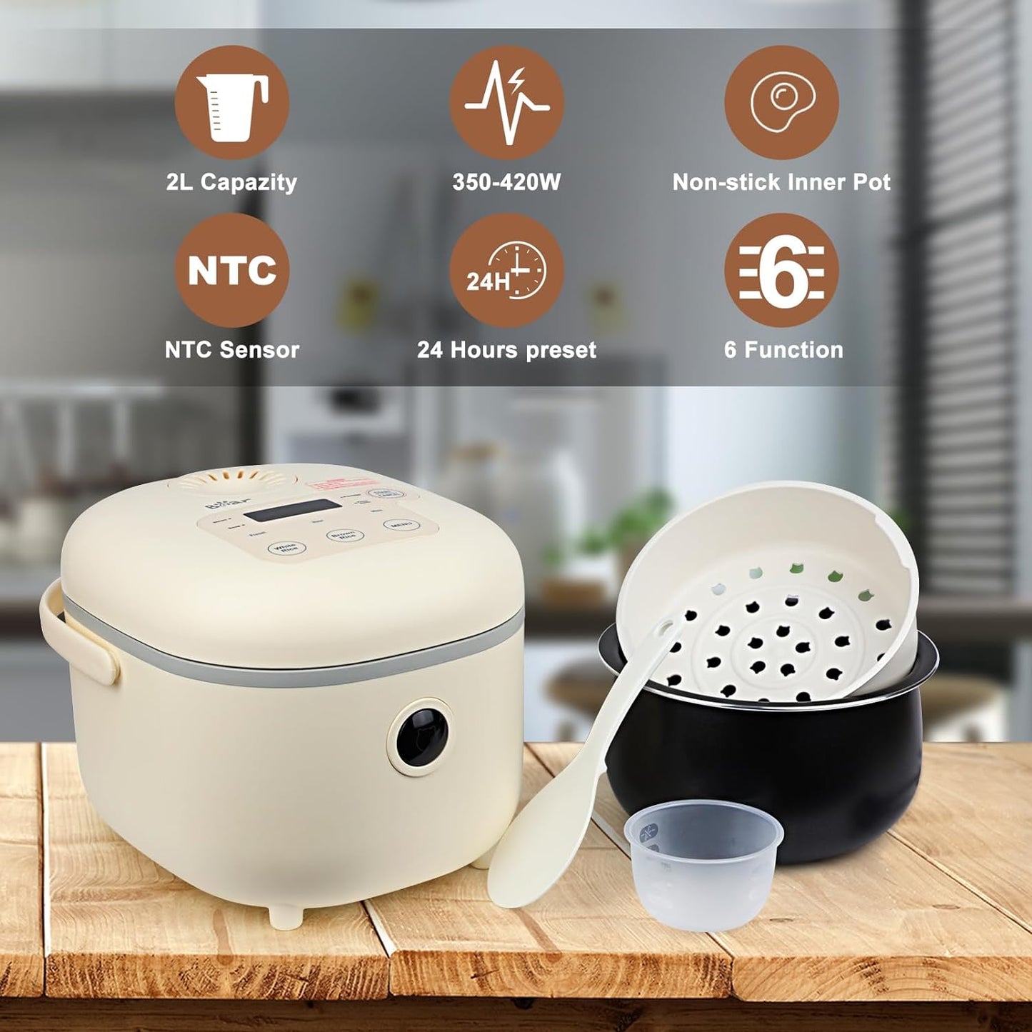 Small Rice Cooker, 4 Cup 2L Multifunctional with Steamer, Yellow | Smart Control, 7-Step Cooking; 6-In-1: Rice, Porridge, Soup, Steam, Keep Warm; Non-Stick Pot, Removable Lid, Compact