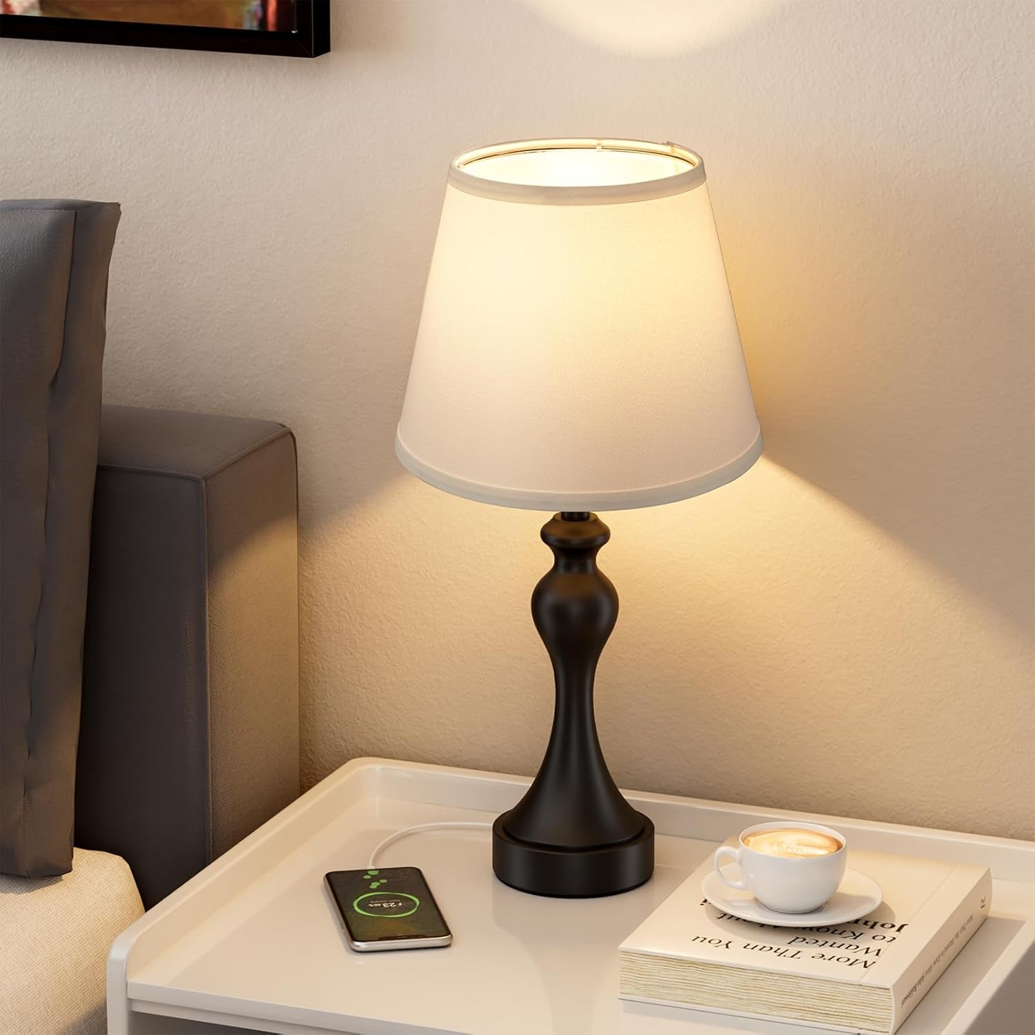 Table Lamps for Living Room, Large Metal Bedside Lamp for Bedroom with USB A+C Ports, 3 Way Dimmable Bedside Lamps Set of 2, Modern Touch beside Table Lamp with White Shade(Bulbs Included)