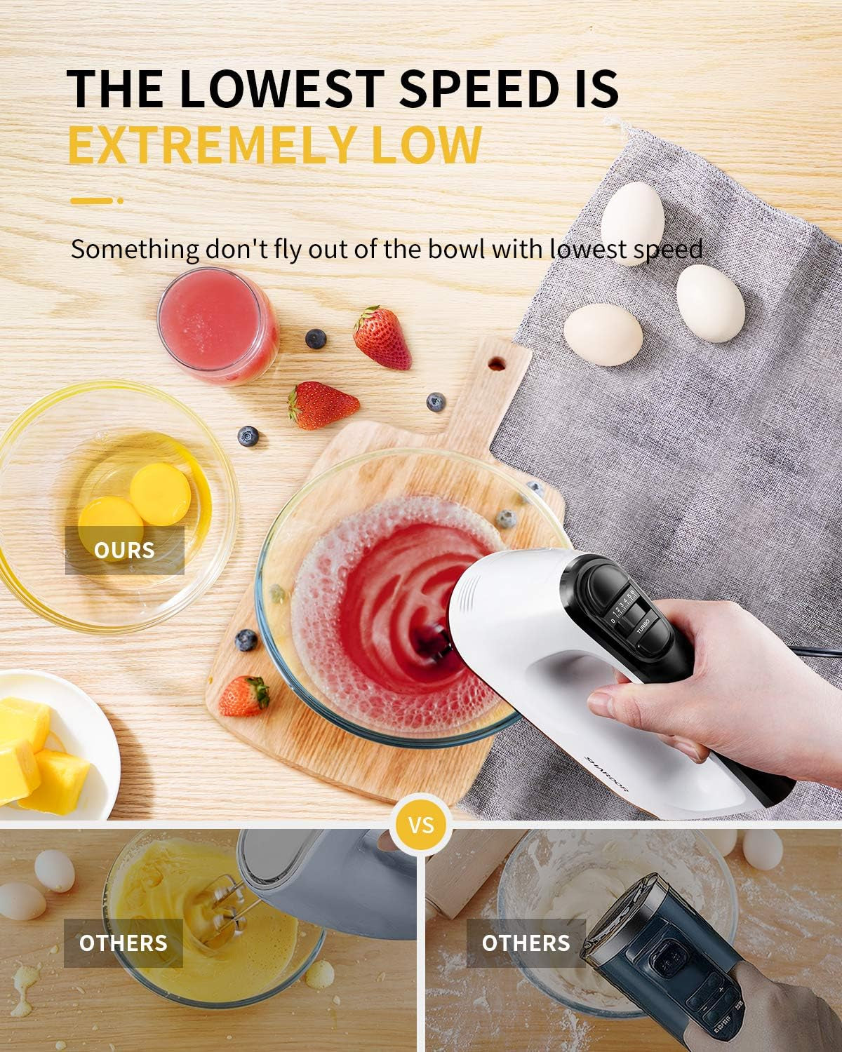 Hand Mixer Electric Whisk with 400W All-Pure Copper,6 Speeds &Turbo | Anti-Splash Electric Hand Whisk with Snap-On Storage Case,5 Stainless Steel Attachments for Baking, Whipping, Mixing