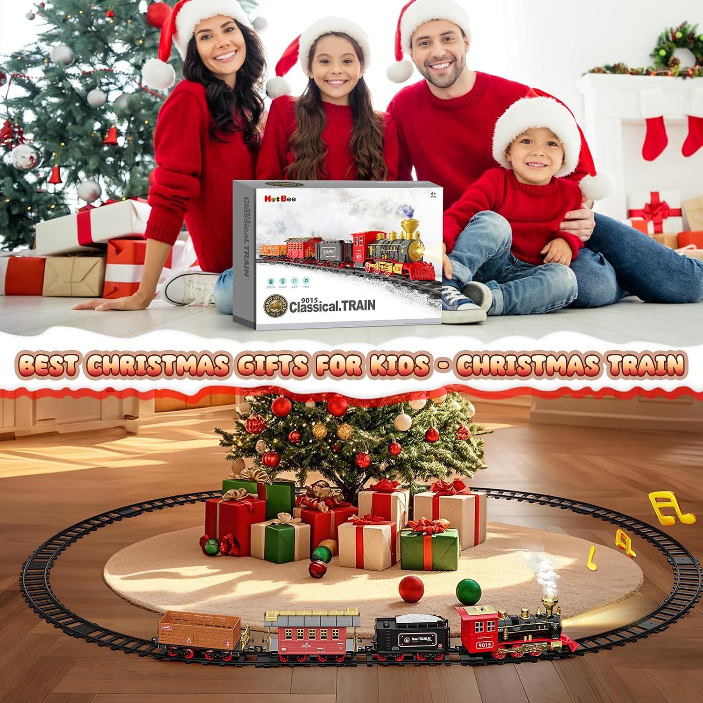Christmas Electric Train Set for 3 4 5 6 Year Old Boys under Tree | Train Set for Kids Adults, Train for around the Christmas Tree, Steam Train Toy with Smoke