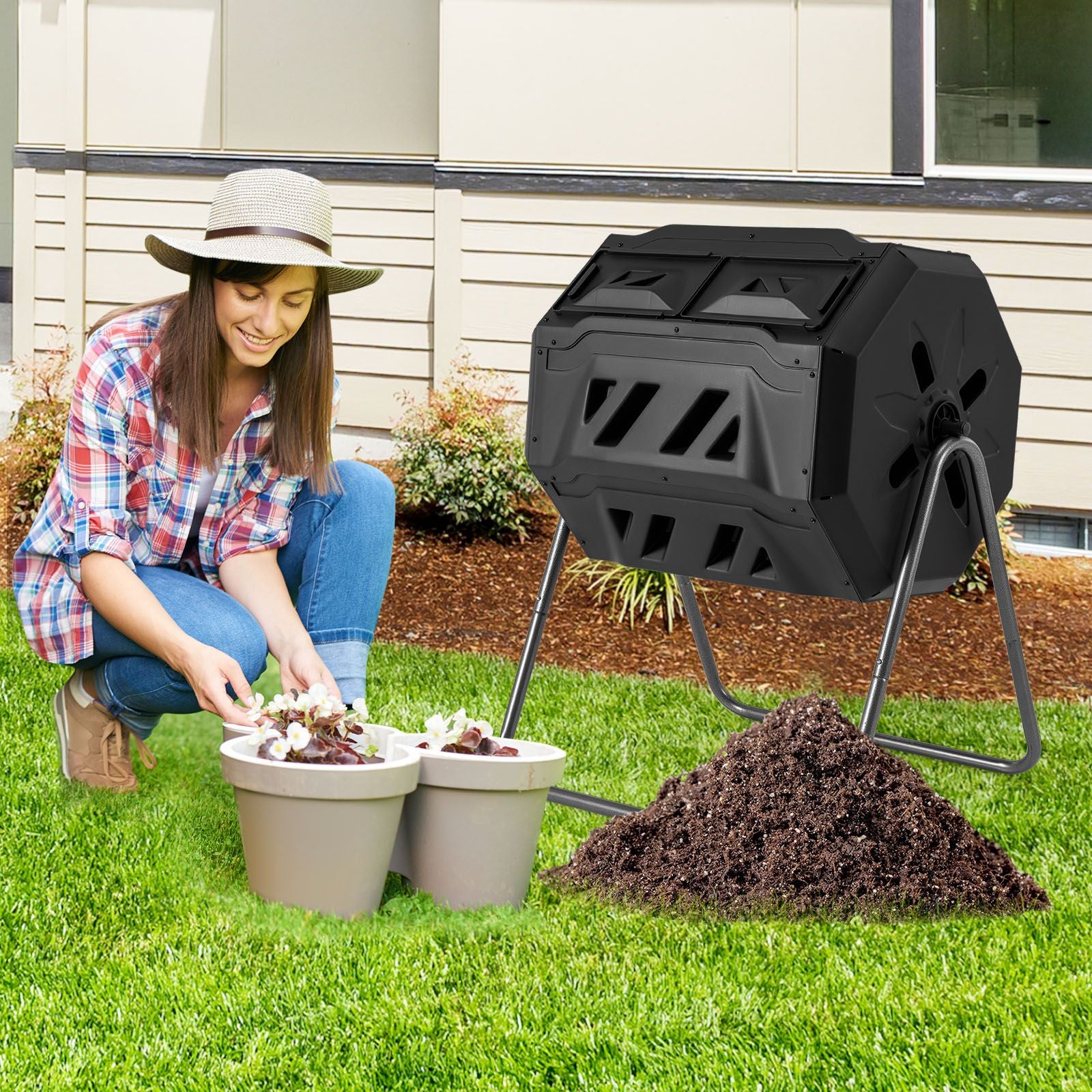 Compost Bin 160L Dual Chamber Composting Tumbler with Sliding Doors