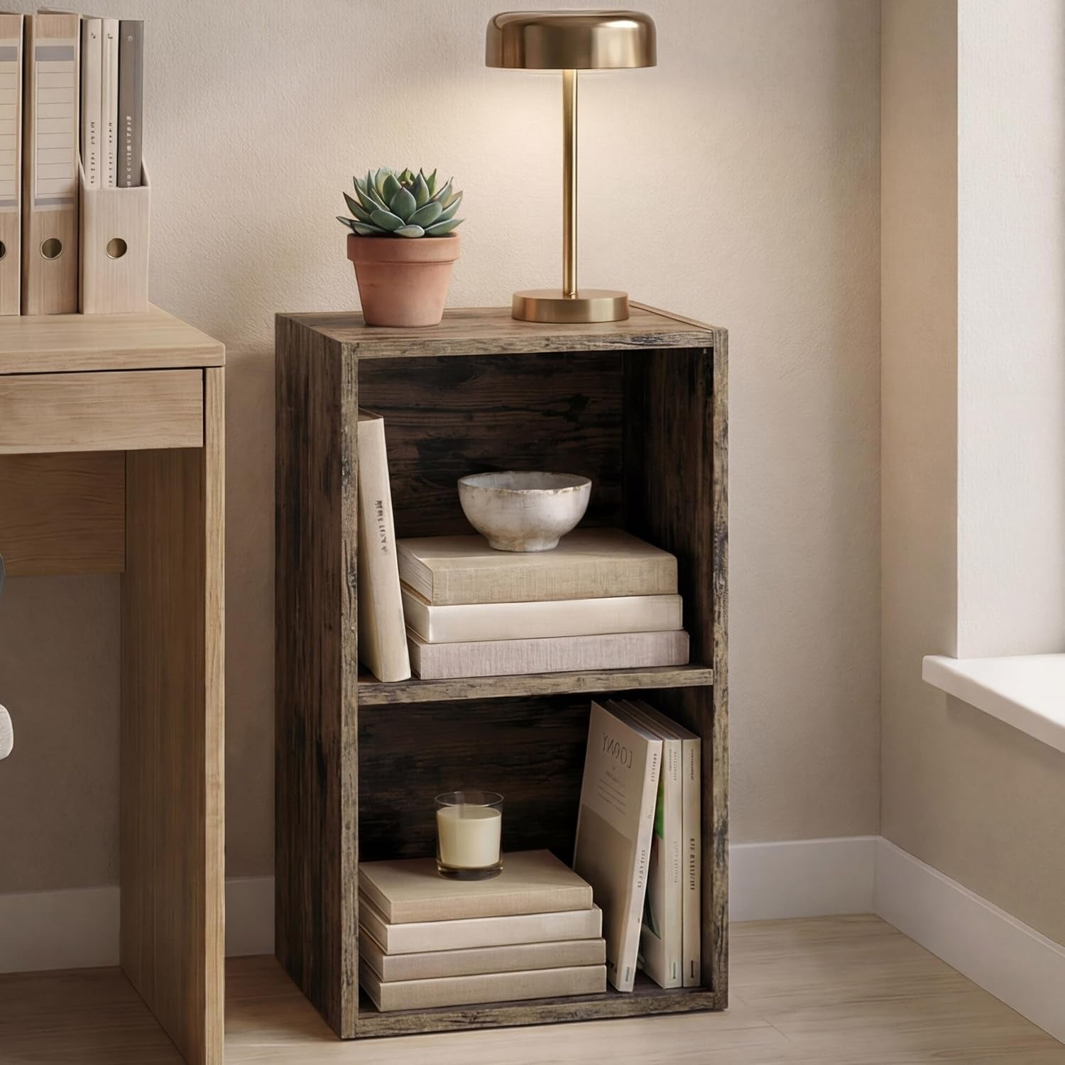 Oxford 2 Tier Cube Bookcase, Dark Wood, Wooden Shelving Display Storage Unit Office Living Room Furniture