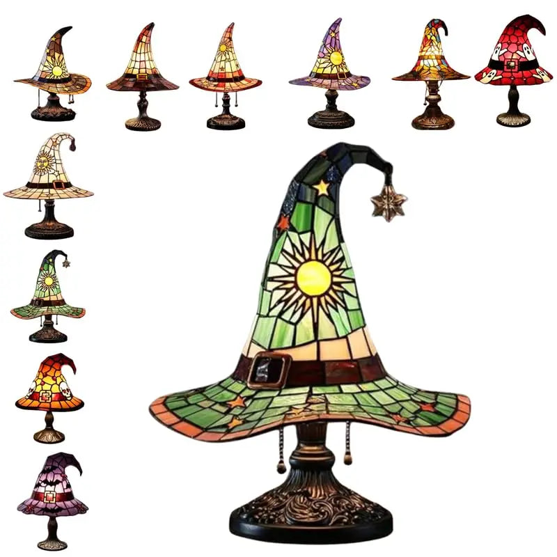 Stained Glass Witch Hat Lamp Magic LED Witch-Hat Lamp USB Creative Table Lamp Night Light for Bedroom Room Decor Halloween