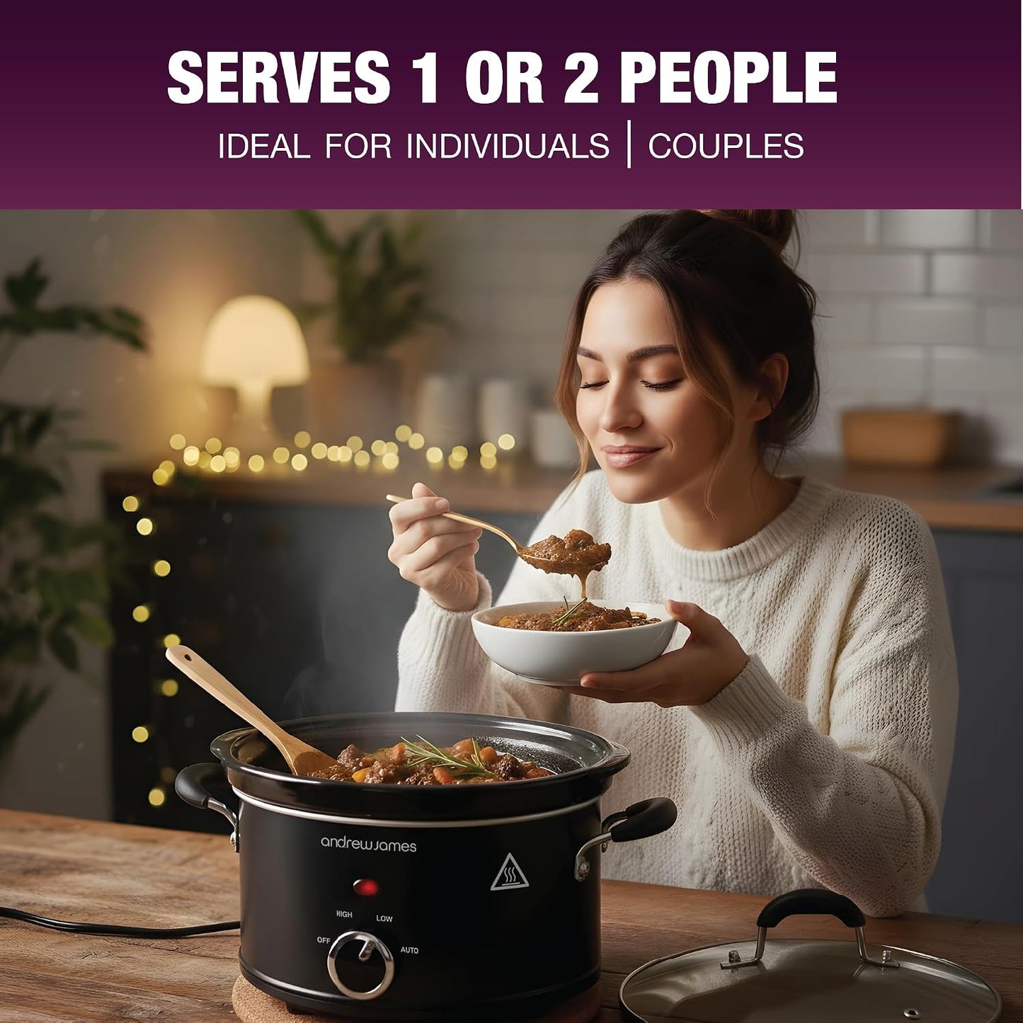 1.5L Slow Cooker - Roast-To-Rest – Compact Small Slow Cooker for 1–2 People with Oven-Proof Ceramic Pot, Easy-Clean Design, 3 Heat Settings & Glass Lid