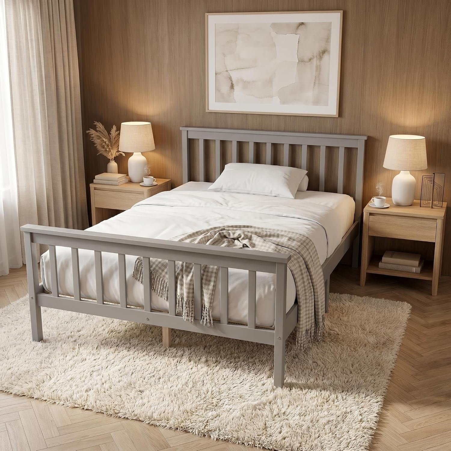 4FT6 Double Bed Frame Pine Wood Bed with Slats Bed for Kids (Grey, Double)