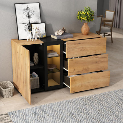 Chest of Drawers Bedroom with 3 Drawers, 1 Door, 1 Shelf Storage Cabinet, and 4 Open Compartments, Ample Storage Space, Functional Sideboards for Living Room, Black & Brown, 140X40X80Cm