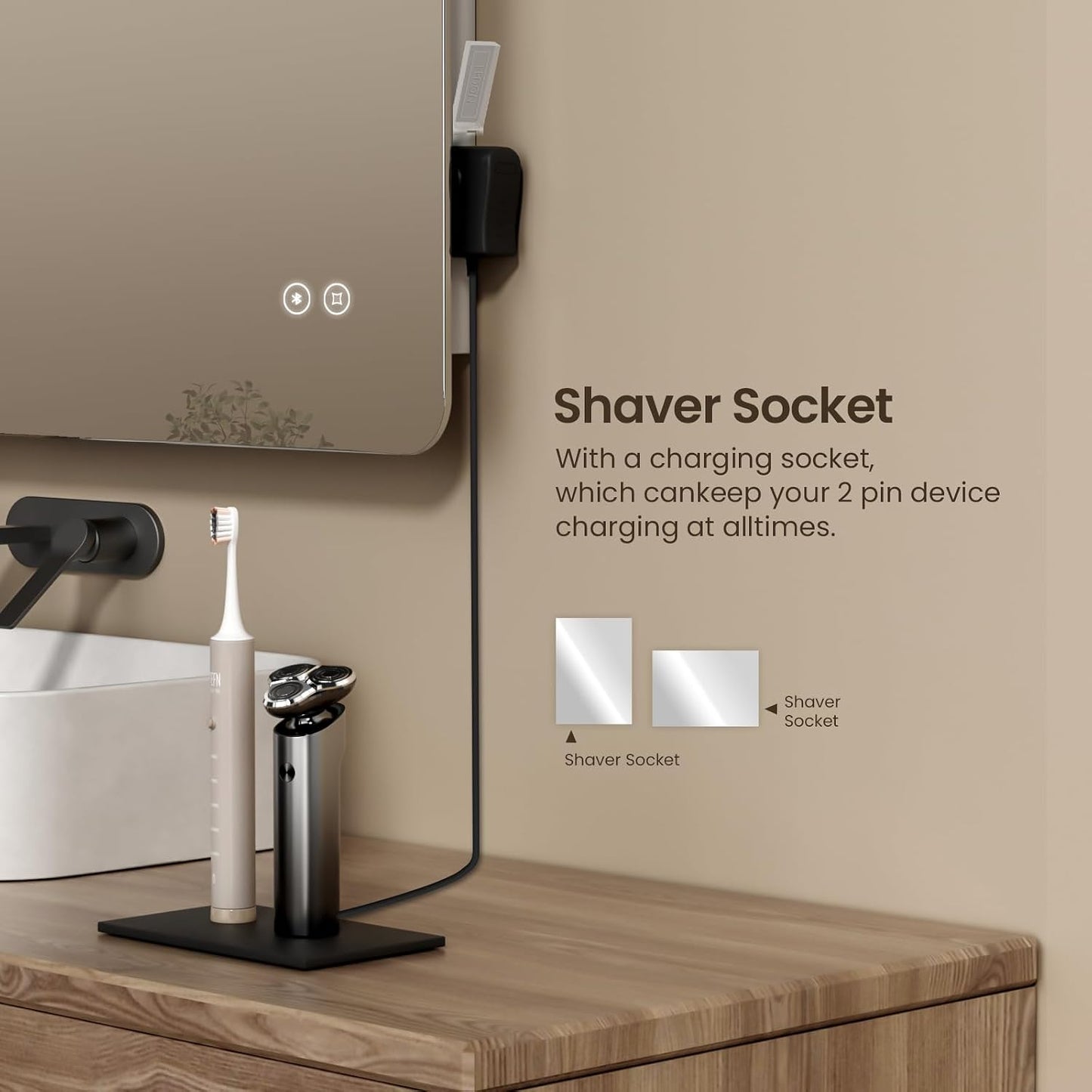 500 X 700 Mm Backlit Illuminated Bluetooth Bathroom Mirrors with Shaver Socket, Wall Mounted Multifunction Bathroom Vanity Mirror with LED Lights and Demister Pad, Energy-Saving LED Smart Mirrors | Bluetooth Speaker with Touch-Controlled LED Lighting, Integrated Demister and Memory Function.