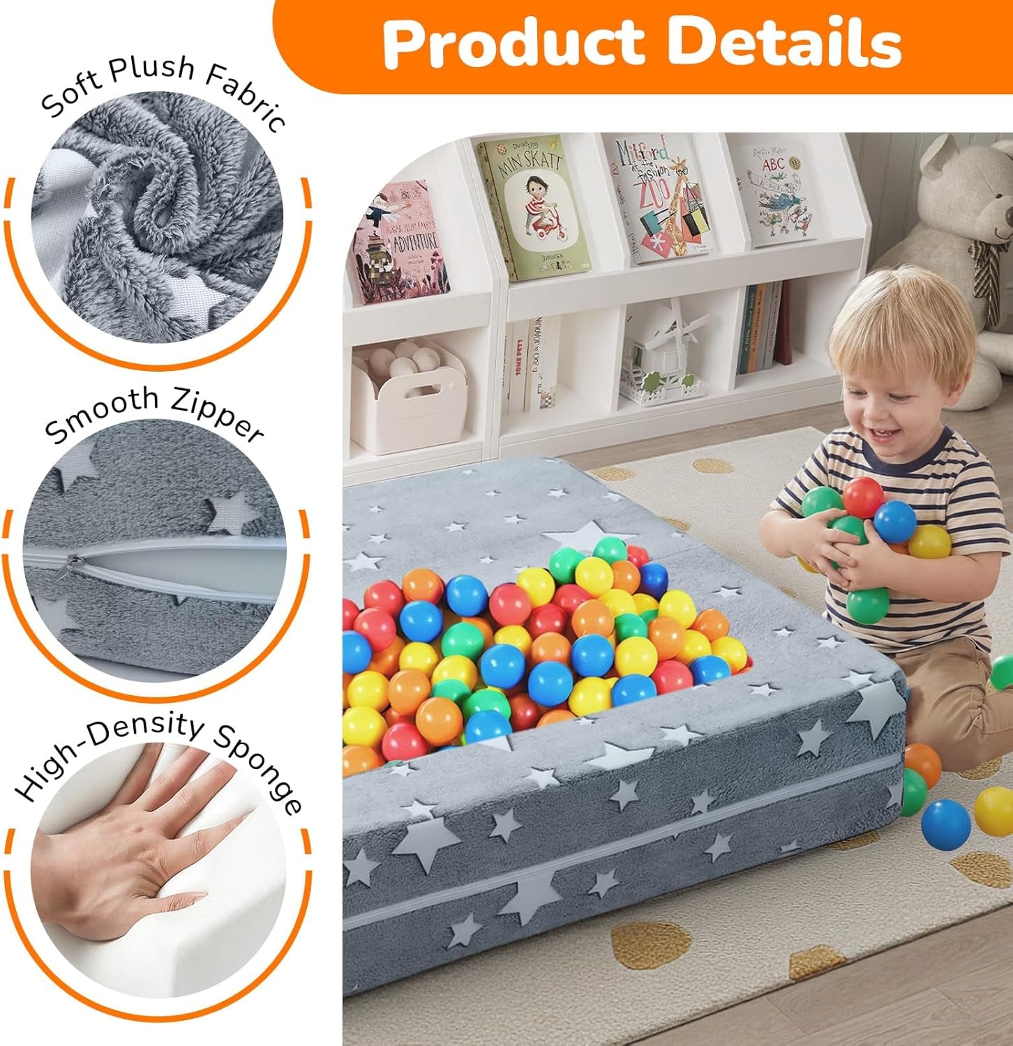 Kids Sofa Bed, Modular Toddler Couch, Glow in the Dark Stars Kids Chair Lounger Fold Out, Baby Mini Couch Bedroom Furniture for Playroom, Grey Star