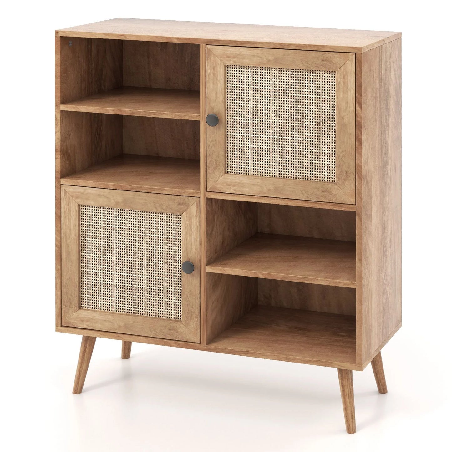 Rattan Sideboard Buffet Cabinet with 4 Cubbies and 2 Rattan-Decorated Doors