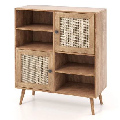 Rattan Sideboard Buffet Cabinet with 4 Cubbies and 2 Rattan-Decorated Doors