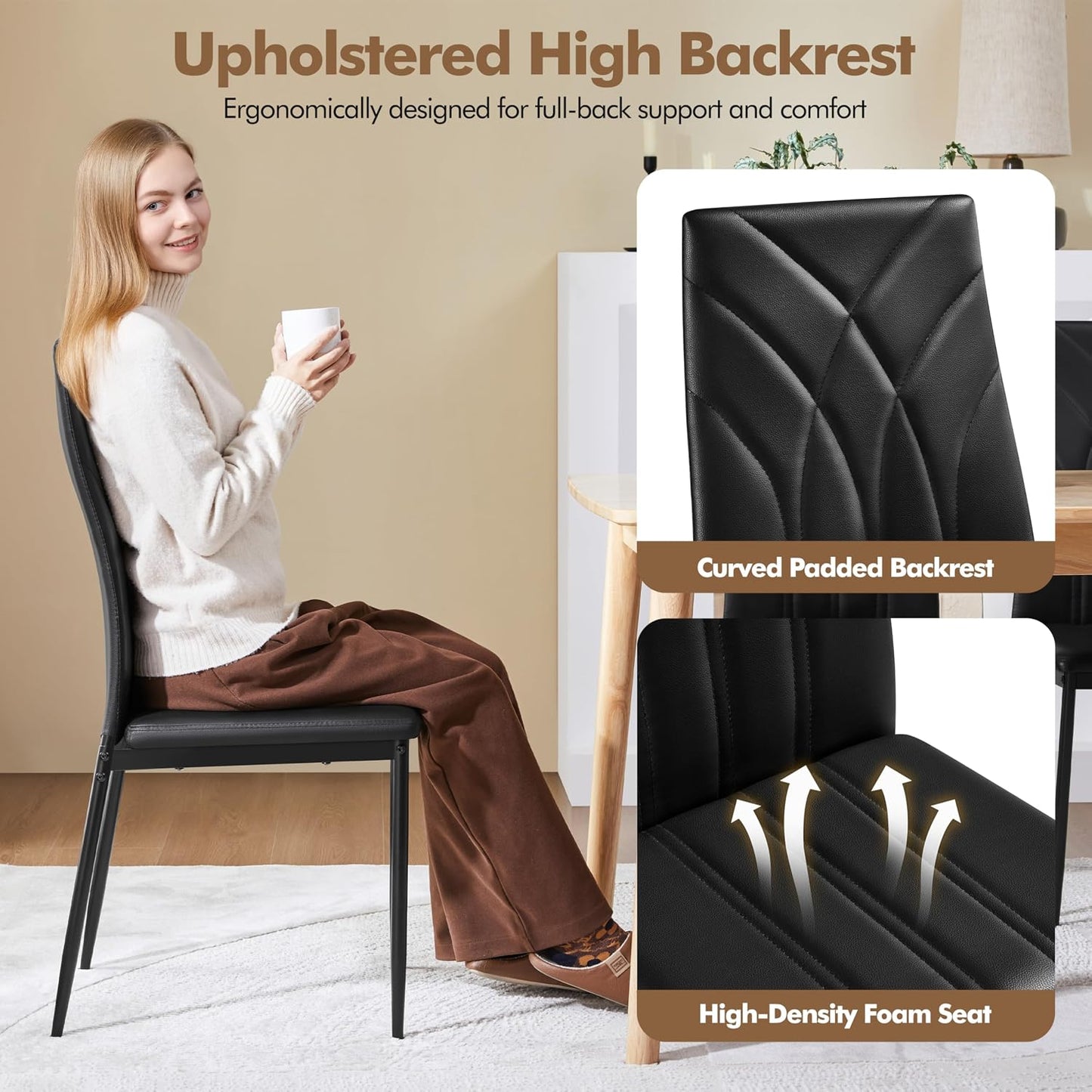 4Pcs Dining Chairs High Back PU Leather Petal Back Chairs Black | Upholstered Kitchen Chairs, Mid-Century Modern Armless Side Chairs with Sturdy Metal Legs for Dining Room Counter Kitchen