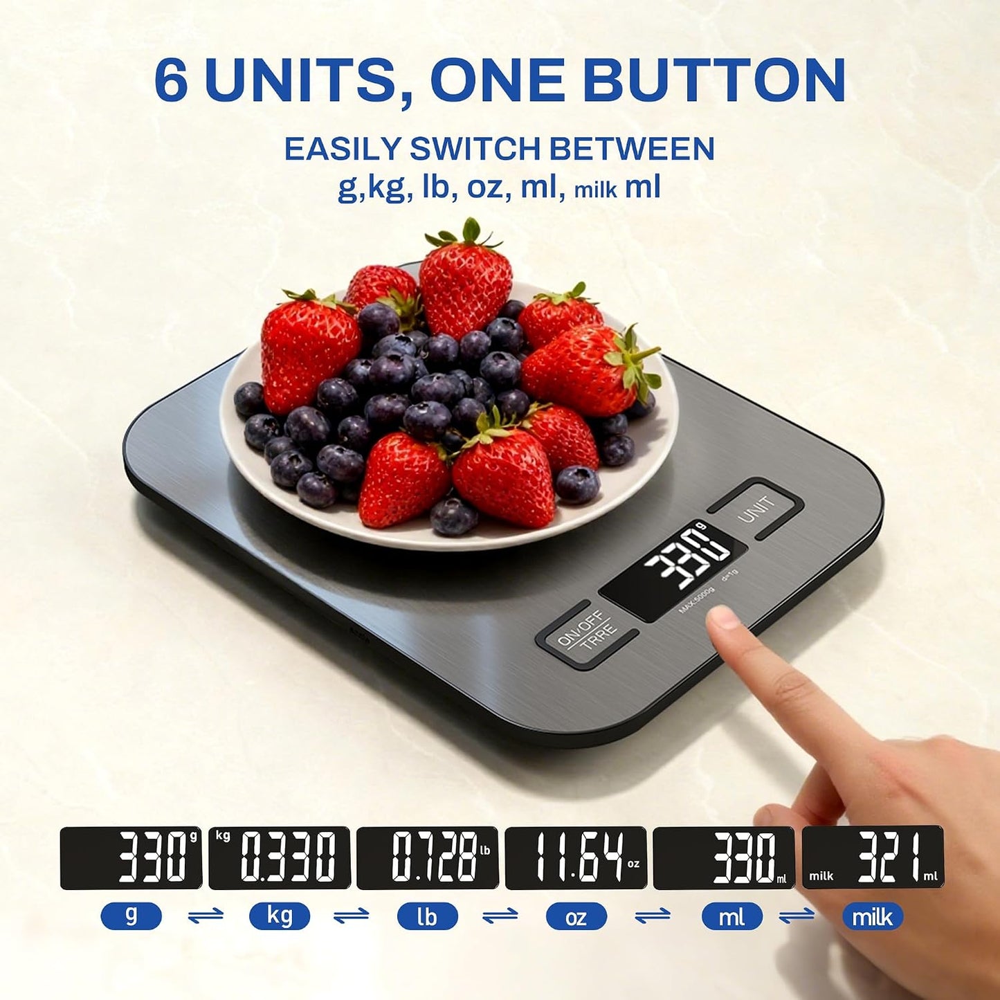 Digital Food Scales, 5Kg/1G High Precision Food Scale with 6 Units & Tare, LCD Display, Compact Kitchen Scales Digital for Cooking, Baking, Battery Powered with 2 AAA Included Weighing Scales Kitchen