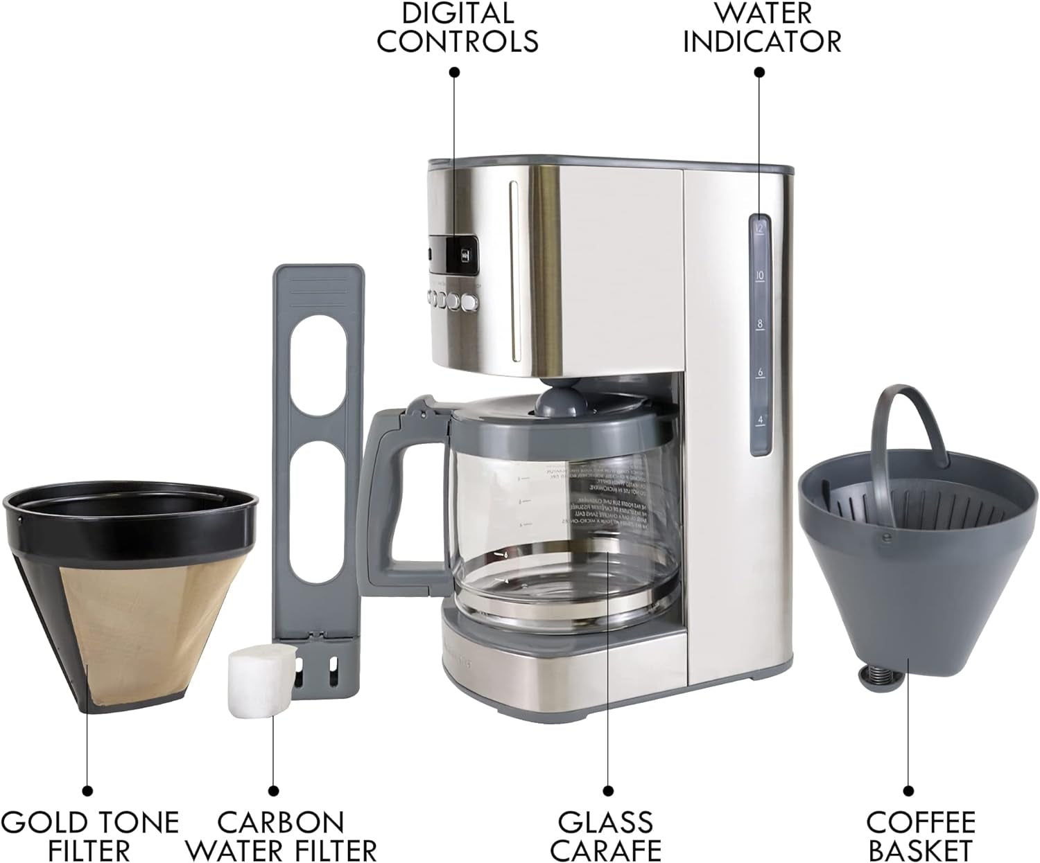 Kenmore Filter Coffee Machines 12-Cup Drip Coffee Makers with 1.8L Glass Pot for Ground Coffee Digital Display Programmable Timer Auto Shut off Warming Plate Reusable Filter Kitchen Appliances Silver