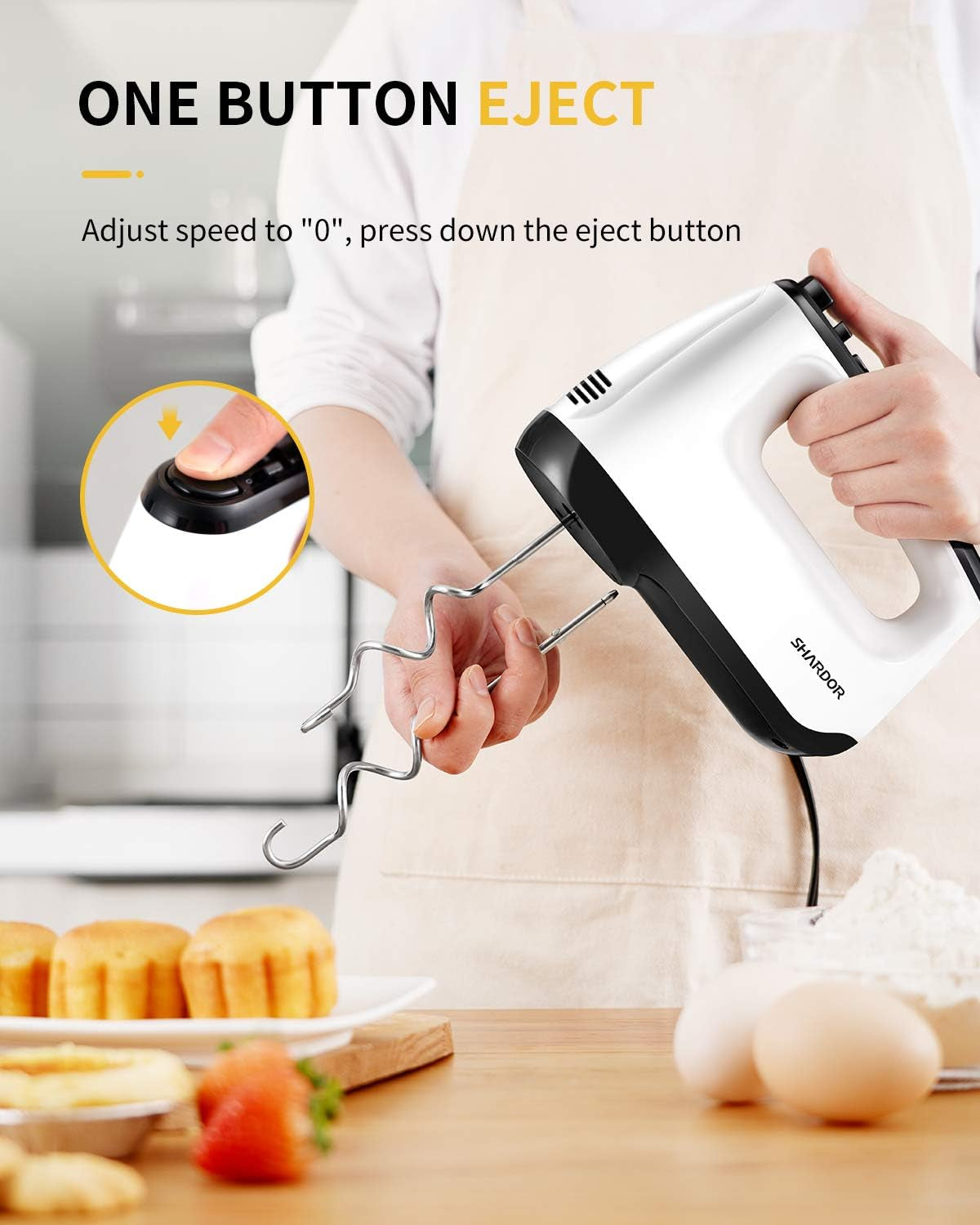 Hand Mixer Electric Whisk with 400W All-Pure Copper,6 Speeds &Turbo | Anti-Splash Electric Hand Whisk with Snap-On Storage Case,5 Stainless Steel Attachments for Baking, Whipping, Mixing