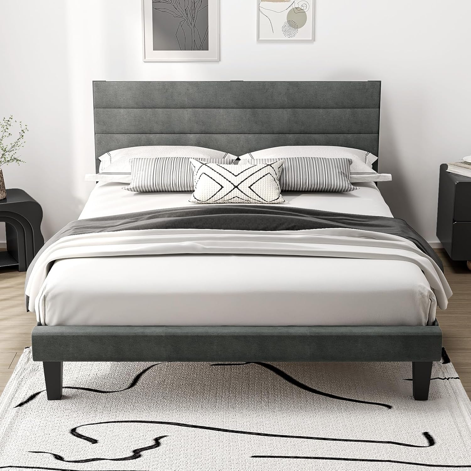 5Ft King Bed Frame, Noise-Free Upholstered Platform Bed with Adjustable Headboard & under Bed Storage - Sturdy Wooden Slat Support - No Box Spring Needed, Velvet, Dark Grey, 150 X 200 Cm