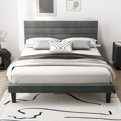 5Ft King Bed Frame, Noise-Free Upholstered Platform Bed with Adjustable Headboard & under Bed Storage - Sturdy Wooden Slat Support - No Box Spring Needed, Velvet, Dark Grey, 150 X 200 Cm