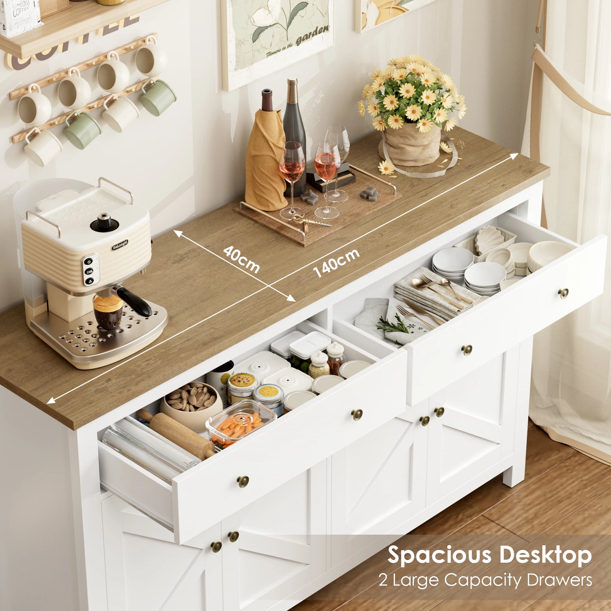White Sideboard Storage Cabinet 140Cm Large Kitchen Cabinet for Living Room Dining Room