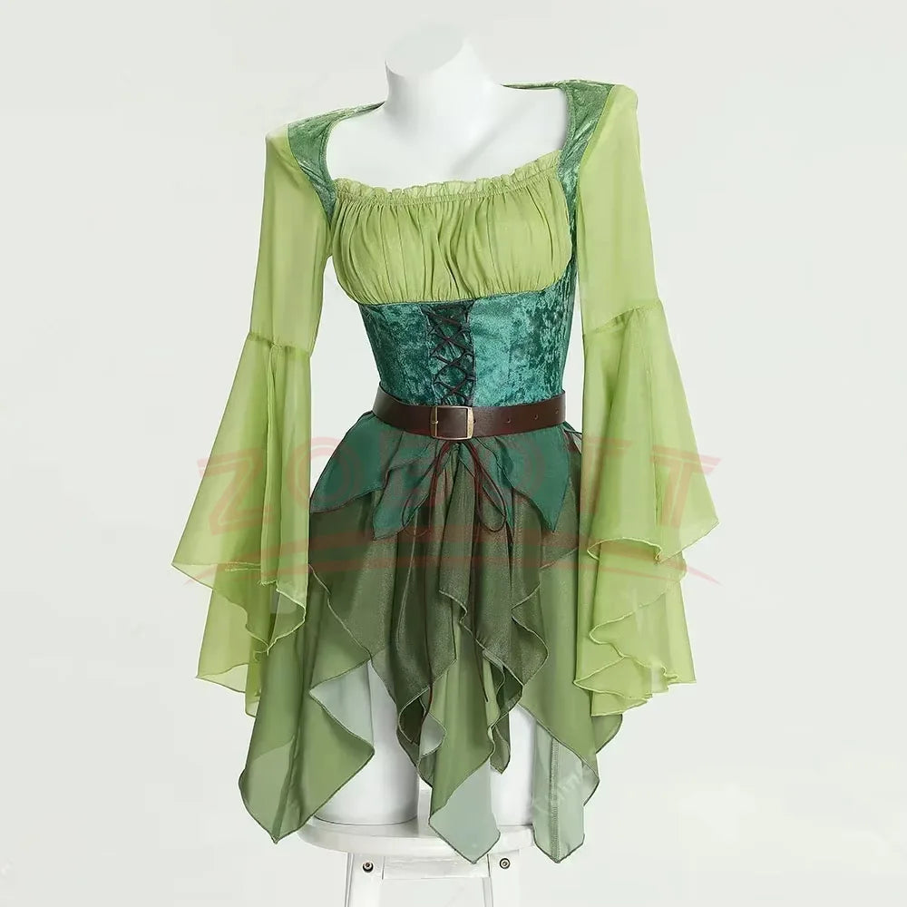 Women'S Elf Medieval Green Fairy Dress Magical Elf Dress and Belt with Wings Halloween Cosplay Costumes Elf Role-Playing Costume