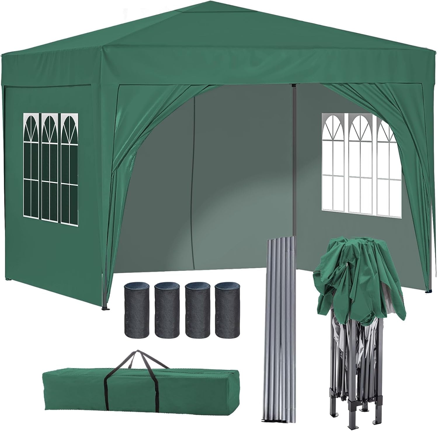 Pop up Gazebo with Sides, 3M X 3M Waterproof with 2 Free Weather Support Beams 4 Gazebo Weight Bags. Garden Canopy Outdoor, Party Tent, 260G Polyester Powder Coated Steel Frame. GREEN