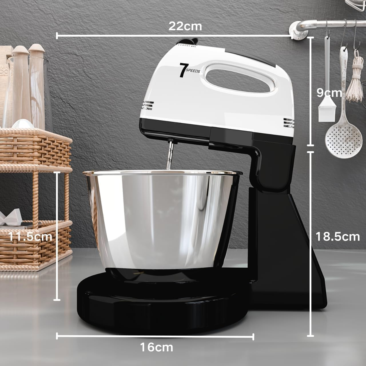 Stand Mixers, 7 Speeds with 3QT Stainless Steel Bowl, Stand and Hand Mixer with Dough Hook, Whisk, Mixing Beater for Baking, Cake, Cookie, Kneading (HP1)