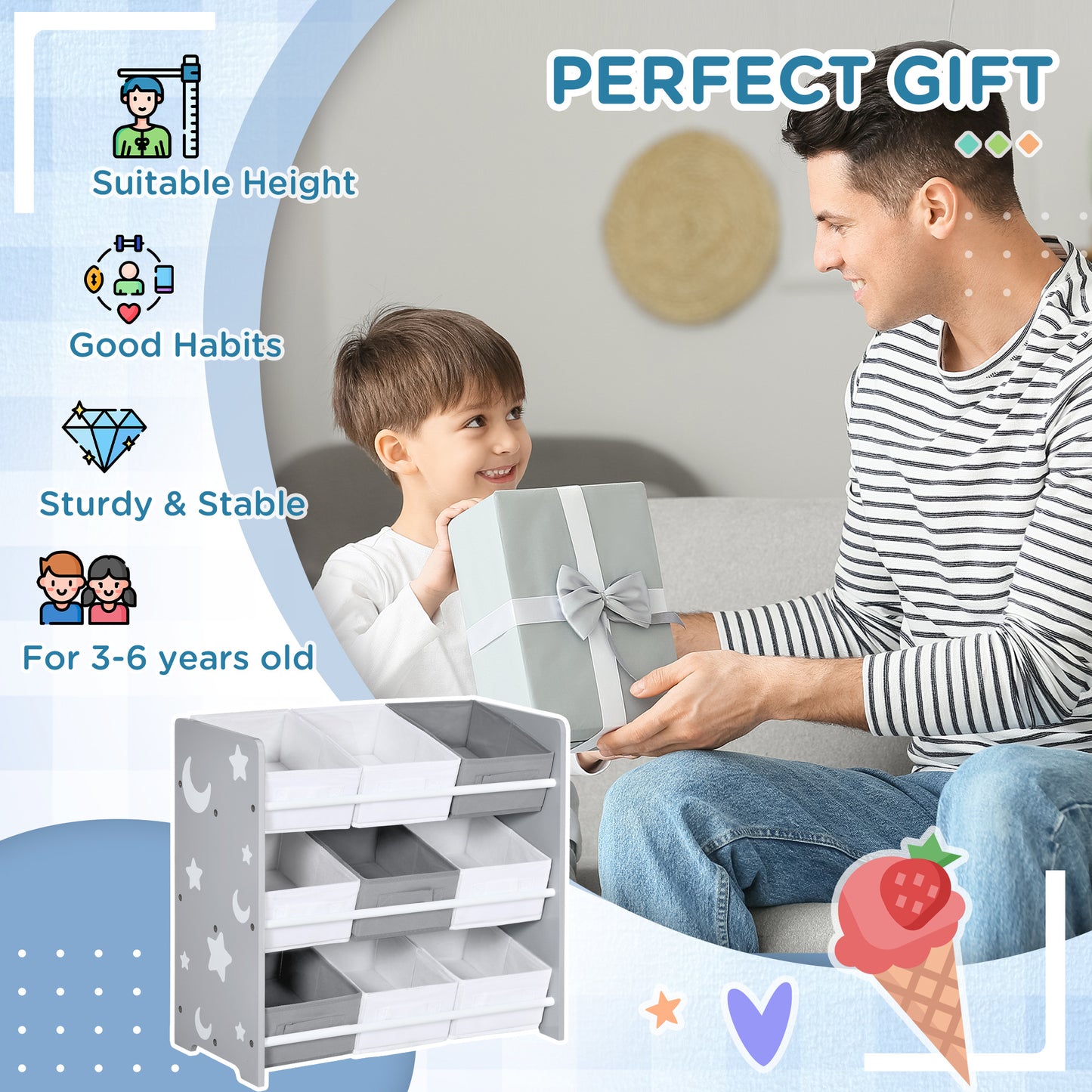 Kids Storage Unit W/ Nine Removable Baskets, for Nursery, Playroom
