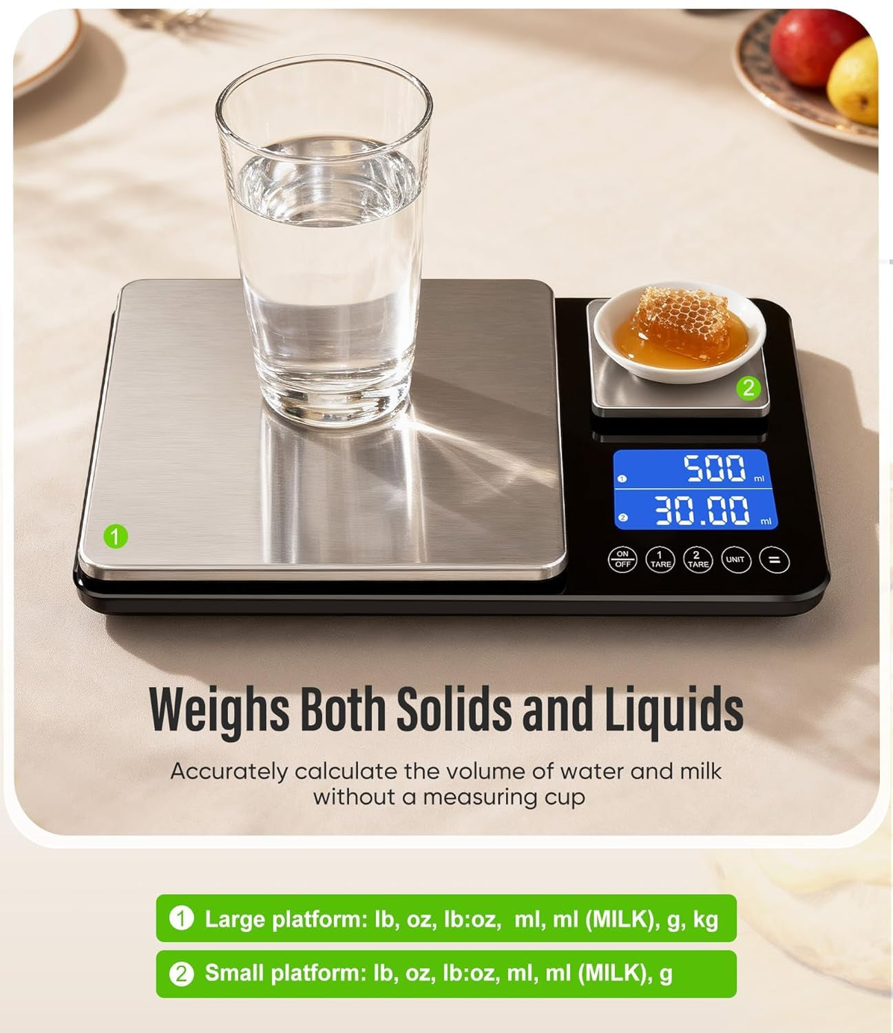 Dual Platform Kitchen Scales with High Precision: 15Kg/33Lb Capacity at 1G & 500G Capacity at 0.01G, Professional Food Scales for Baking Sourdough Bread and Cooking, 7 Units, Tare, Accumulation