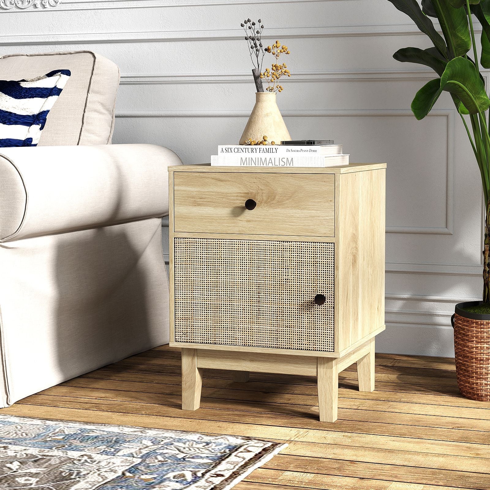 Modern Rattan Nightstand with Storage Drawer and Cabinet