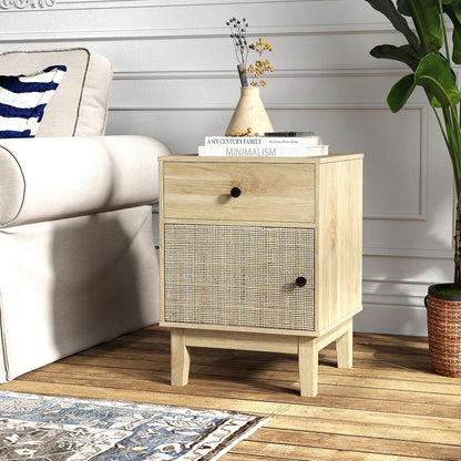 Modern Rattan Nightstand with Storage Drawer and Cabinet