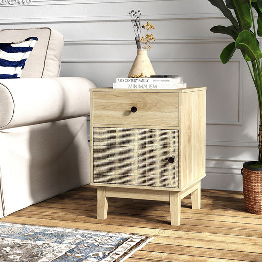 Modern Rattan Nightstand with Storage Drawer and Cabinet